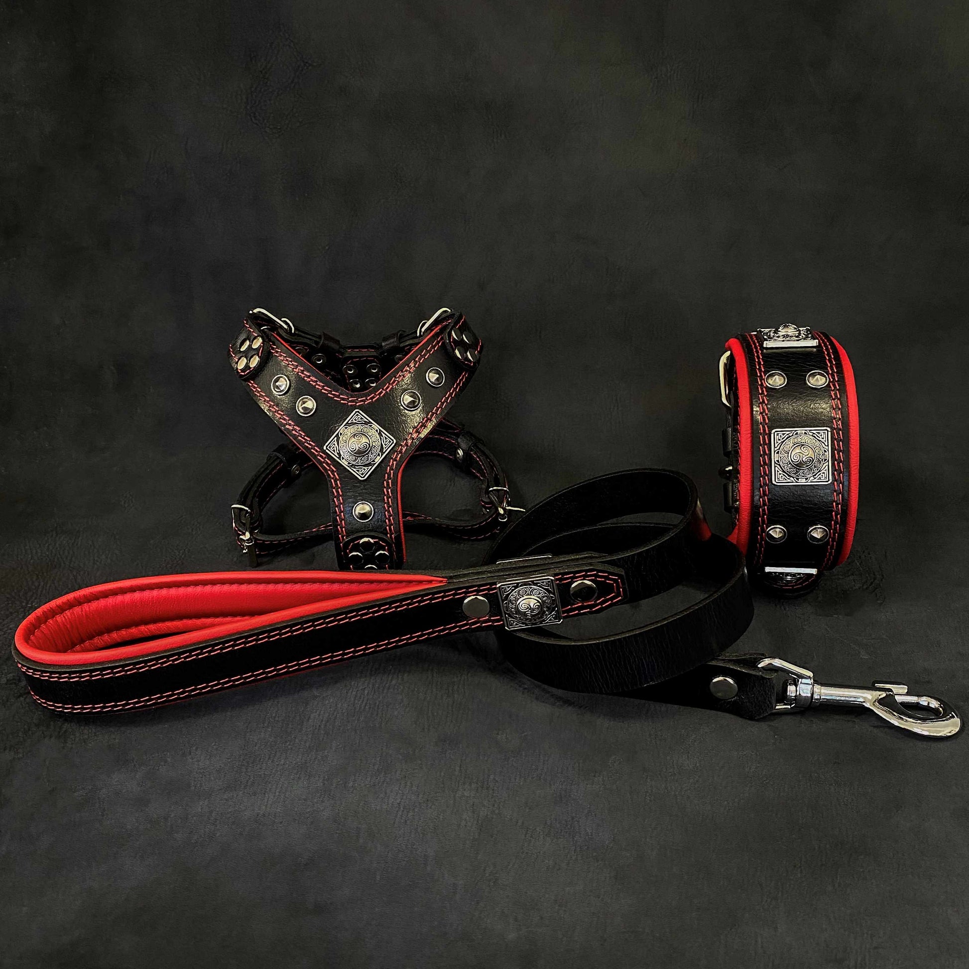 "EROS" Small to Medium dog SET - Harness - collar - lead Black&Red-0